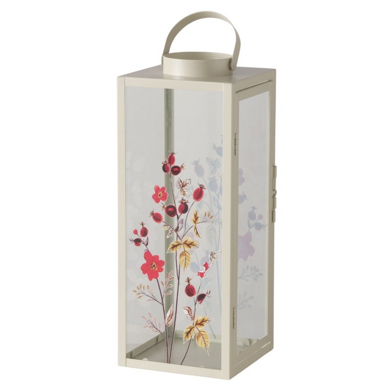 Lanterna in metallo e vetro decorata con rosa canina, ideale come decoro autunnale